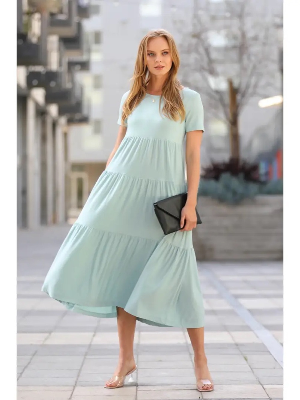 Zenana Women’s Mint Tiered Midi Dress – Casual Short Sleeve